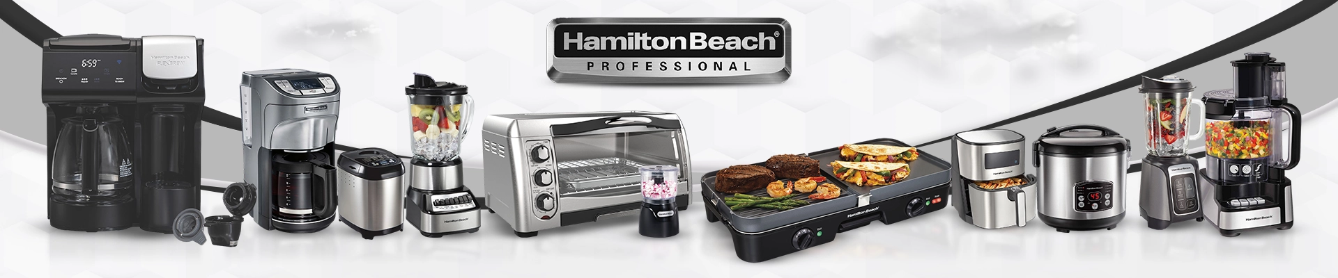 Hamilton Beach Professional brand banner showcasing blenders, juicer, and slow cooker on a light green background with logo on the left.